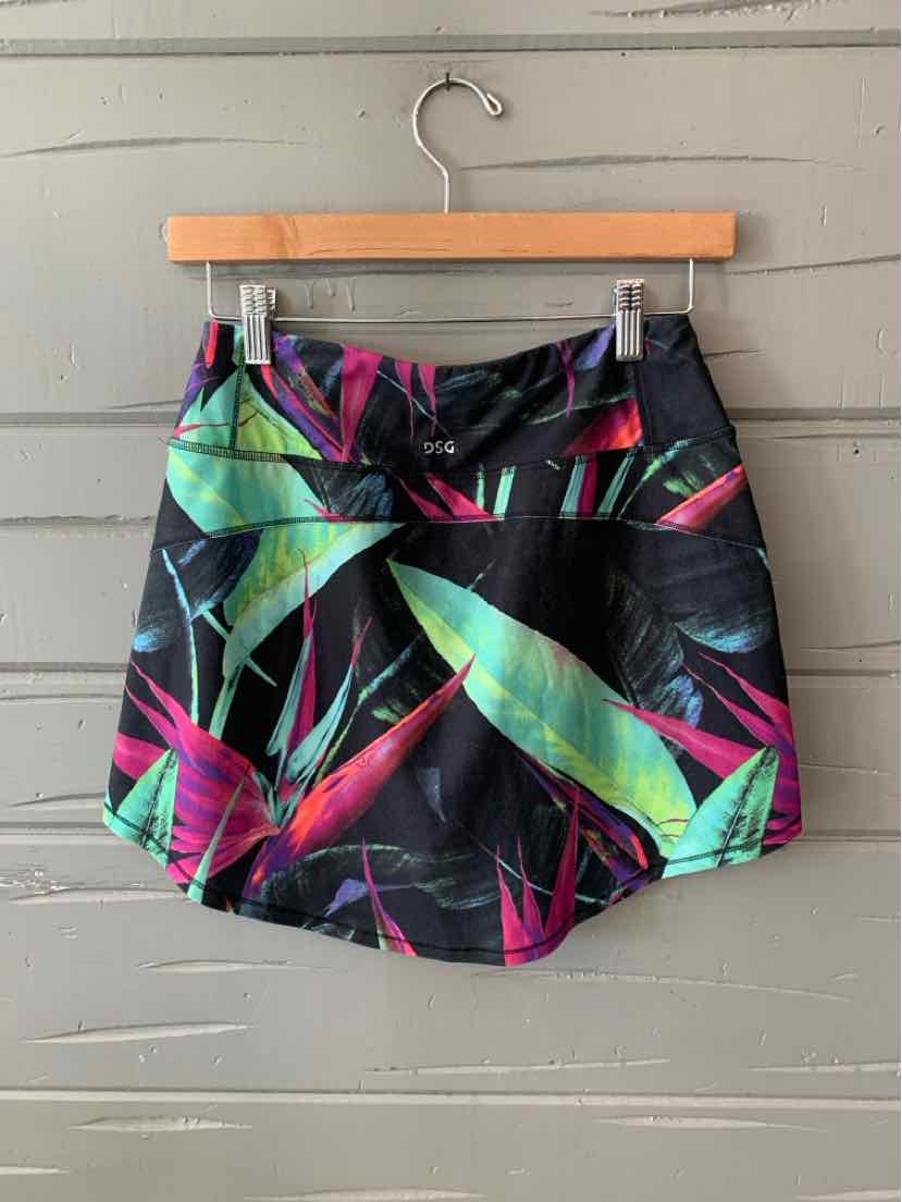 Black shorts with vibrant green and pink tropical leaf pattern, small size, elastic waistband.