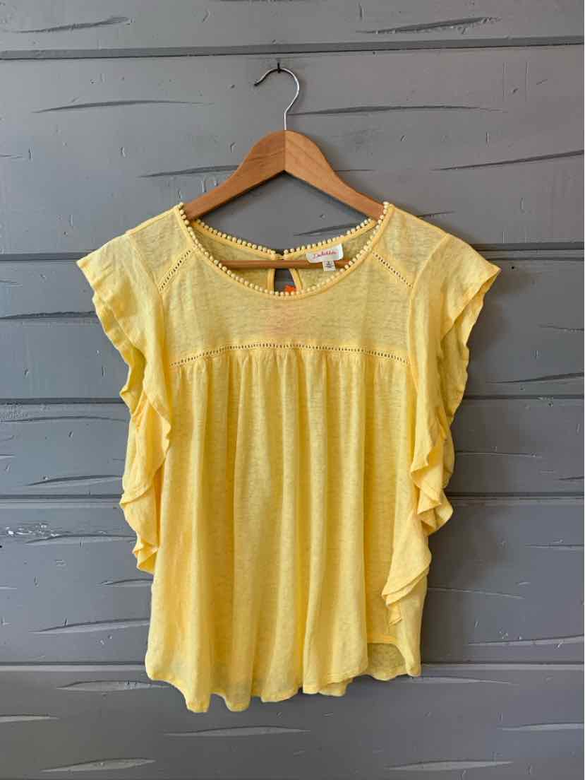Light yellow short-sleeve blouse with ruffled sides and gathered yoke detail on wood hanger.