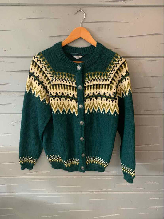 Green wool Dale of Norway cardigan with Fair Isle pattern, button-up casual top for women.