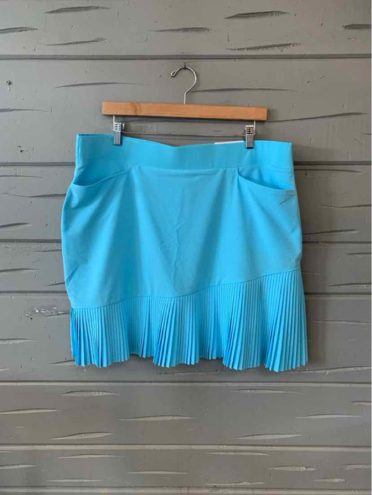 Blue pleated skort with a fitted waist and smooth front panel, size 16.