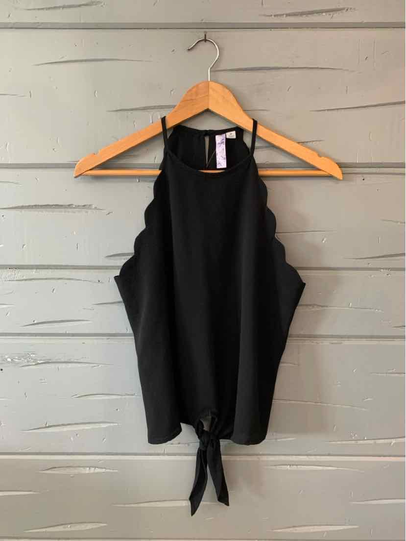 Black sleeveless halter top with scalloped edges and front tie detail, size medium.