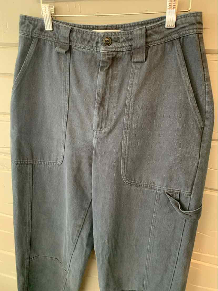 Charcoal gray casual pants with front pockets and stitched detailing, size 8.