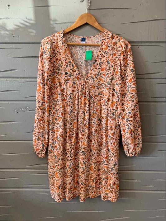 Orange floral long-sleeve dress with V-neck and gathered waist, medium size.