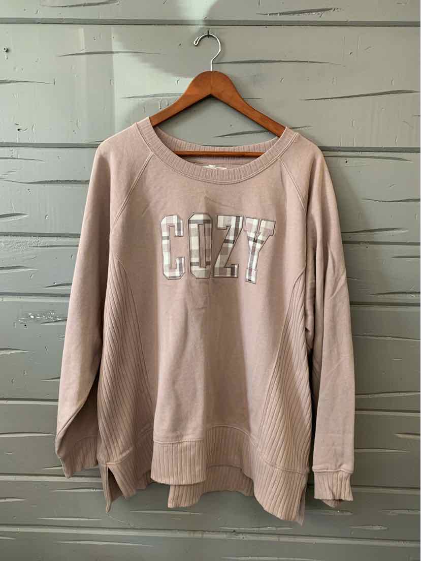 Taupe women's long-sleeve top with a wide neckline and raised “CRZY” lettering.