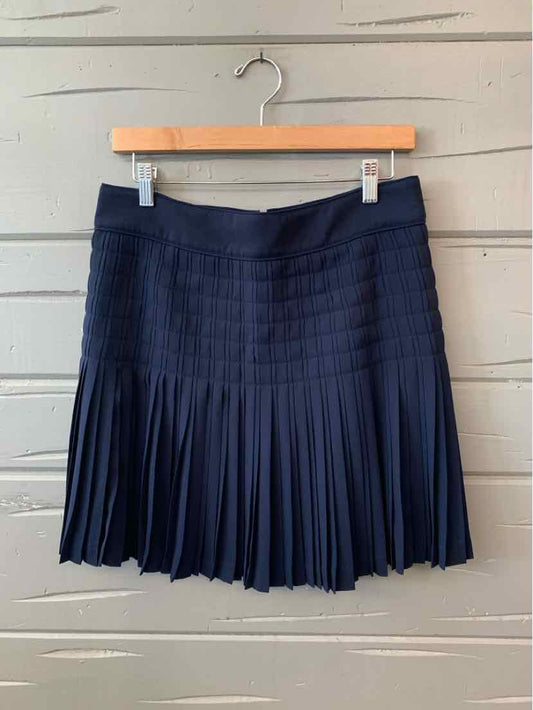 Navy blue pleated skirt with wide waistband hanging on wooden hanger against gray wooden wall.