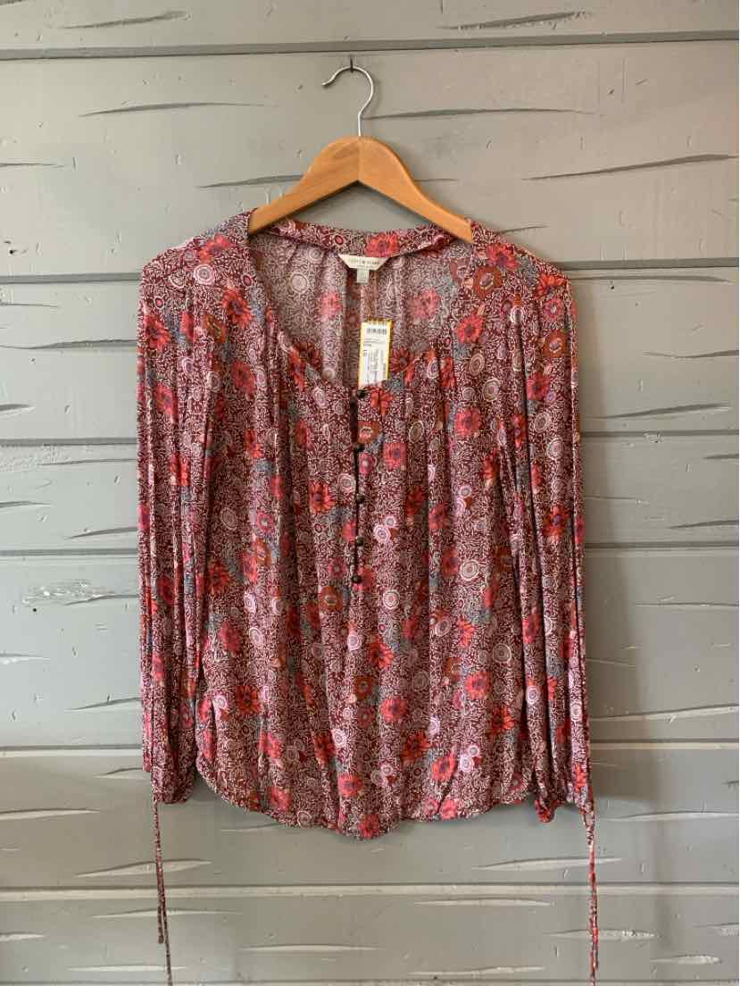 Red paisley long-sleeve blouse with V-neck and button-front, loose fit, size large.