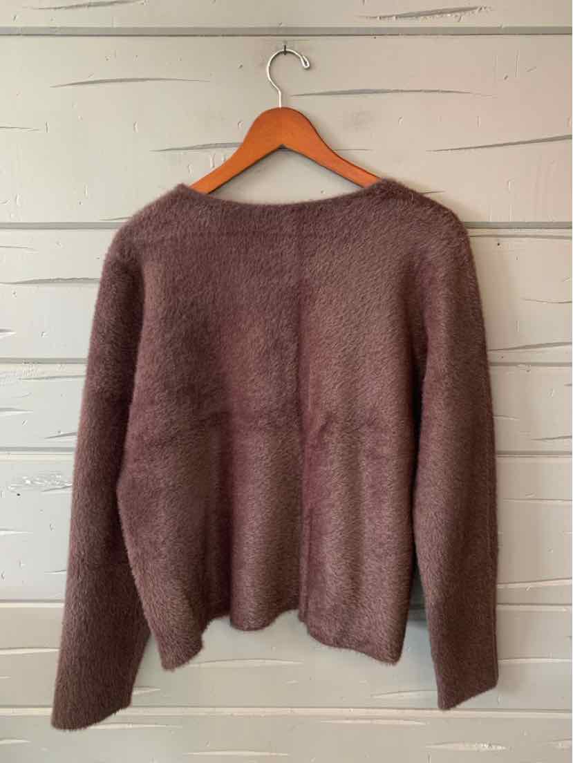 Women’s mauve-brown Rachel Zoe sweater with a soft fuzzy knit, crew neckline, and long sleeves.