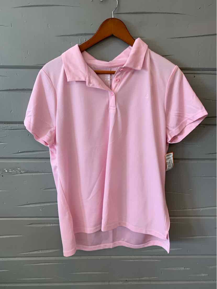 Light pink short-sleeve polo shirt with collar and button placket, size medium.