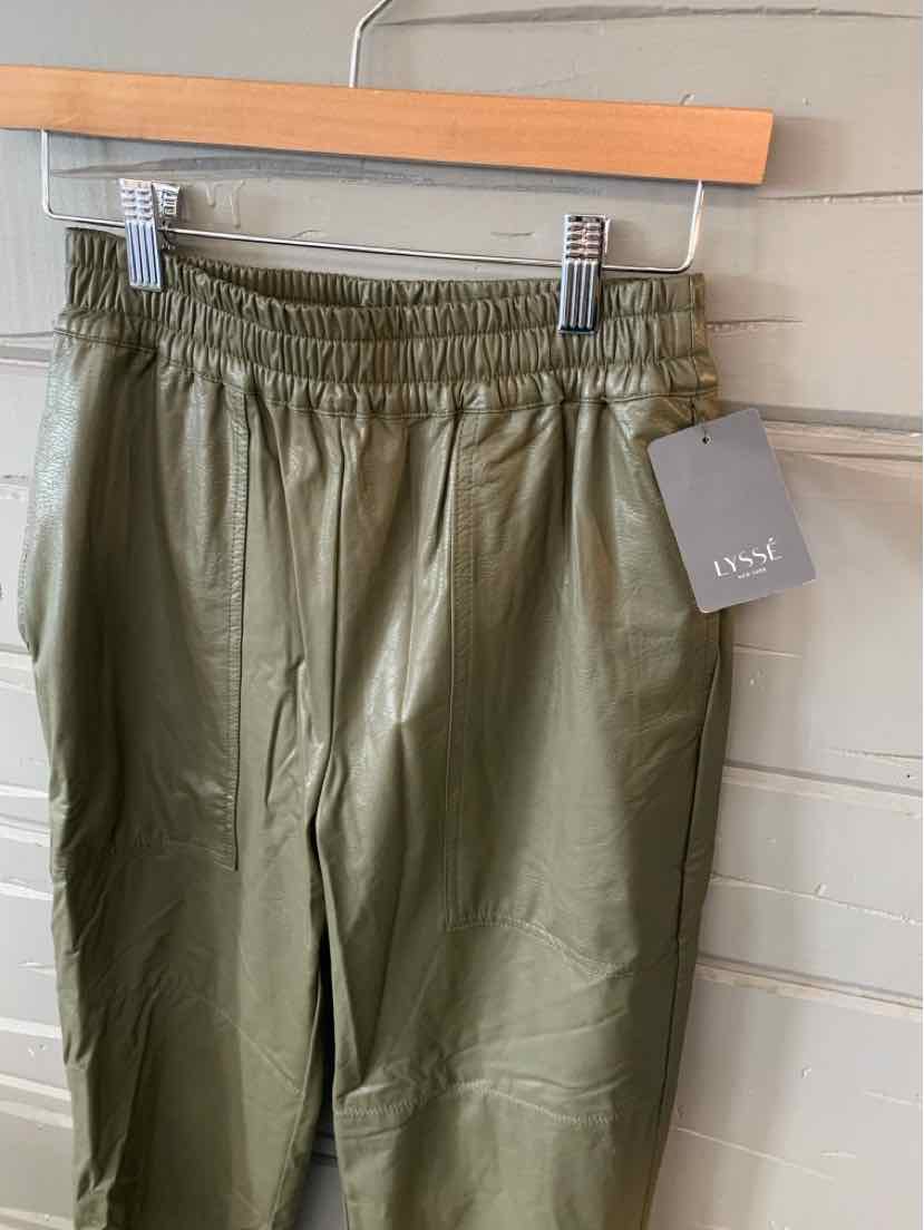 Olive green lightweight pants with elastic waistband and side pockets, size XS, with tag attached.