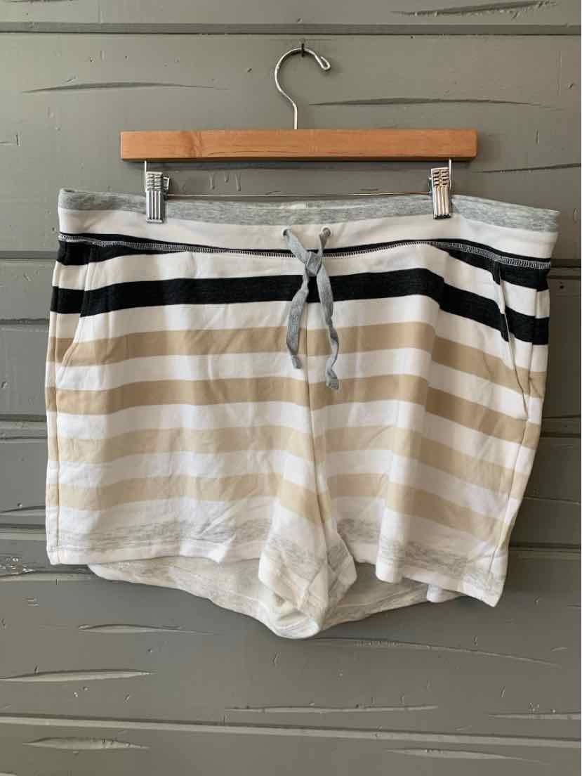 Gray and white striped casual shorts with beige stripes and drawstring waist, size XL.