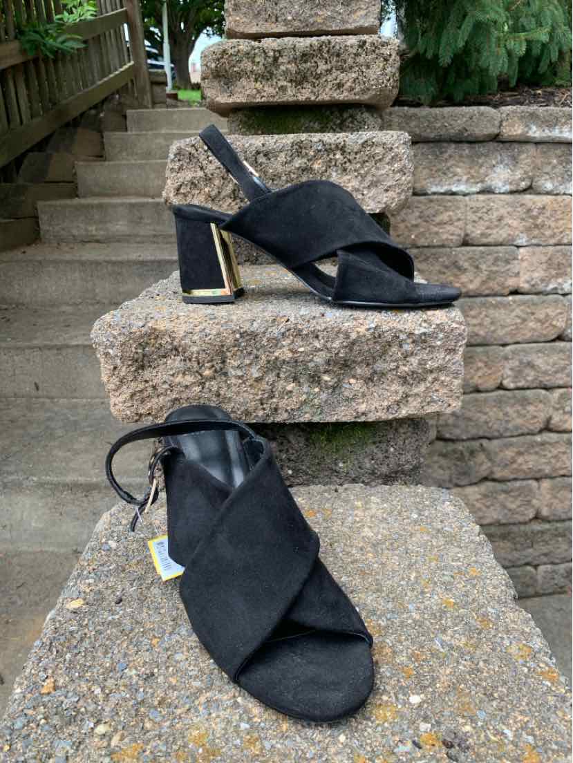 Black suede open-toe block heel sandals with crisscross straps and ankle tie, size 8.5.