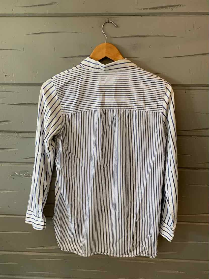 White button-up shirt with blue vertical stripes and long sleeves, displayed from the back.