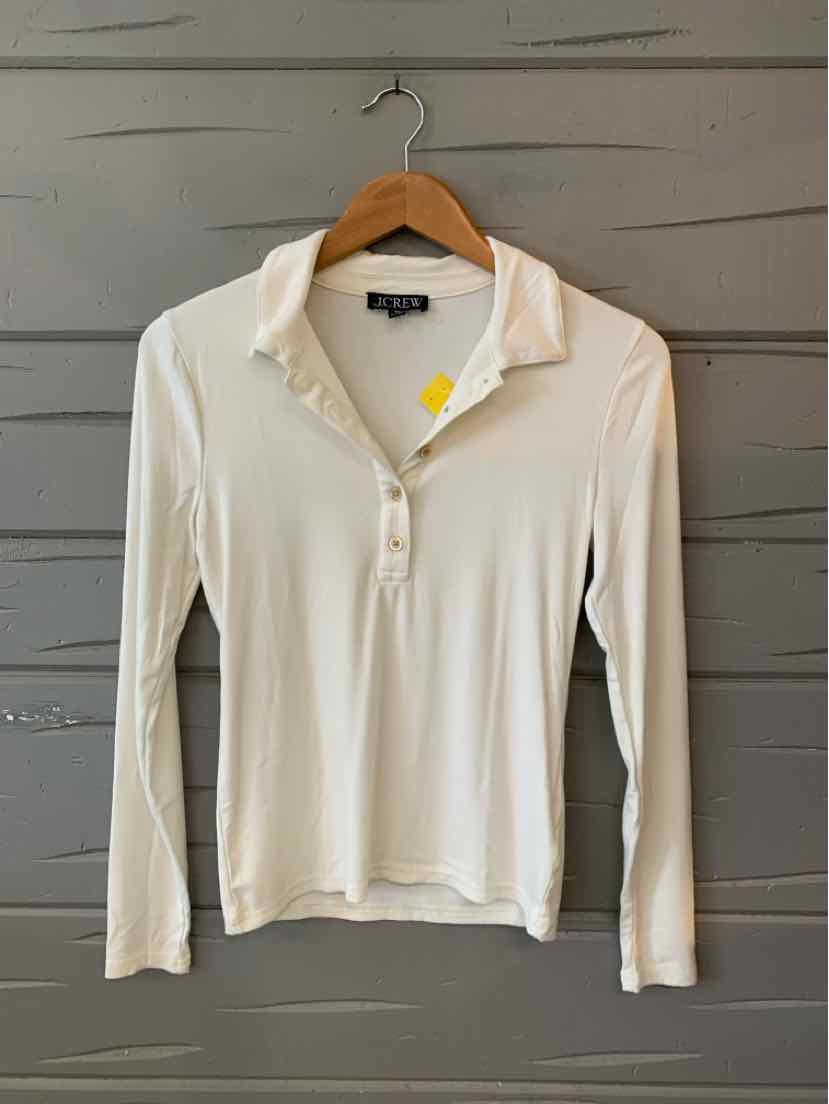 Cream long-sleeve polo shirt with a collar and button placket, slim fit, lightweight fabric.