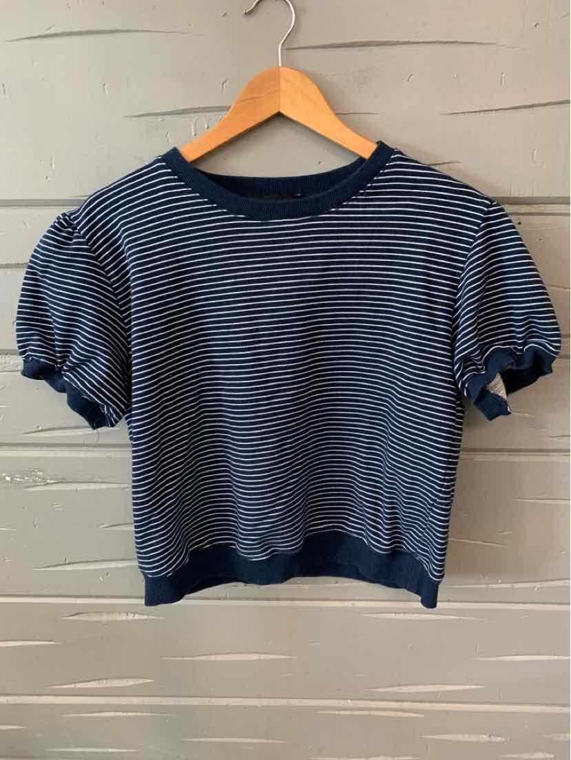 Navy and white striped short-sleeve sweater with ribbed cuffs and hem on wooden hanger.