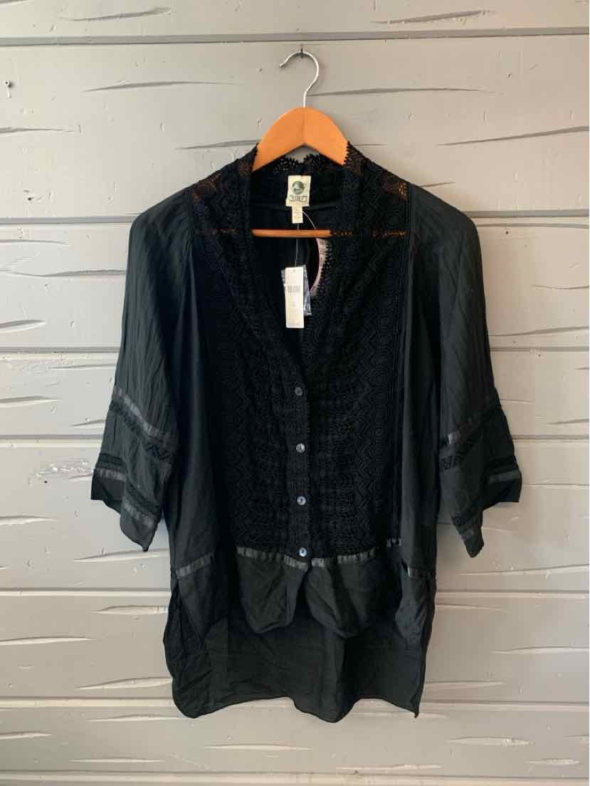 Black lightweight blouse with lace detailing and three-quarter sleeves on wooden hanger.
