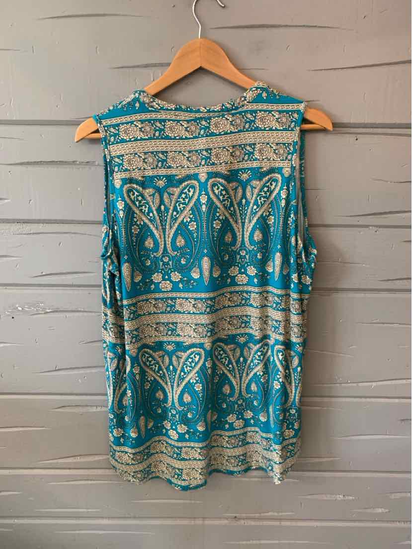 Sleeveless teal top with intricate beige paisley and floral patterns, loose fit, size XL.