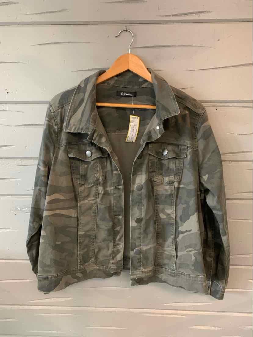 Women's camouflage print denim jacket in shades of gray with button front and chest pockets.