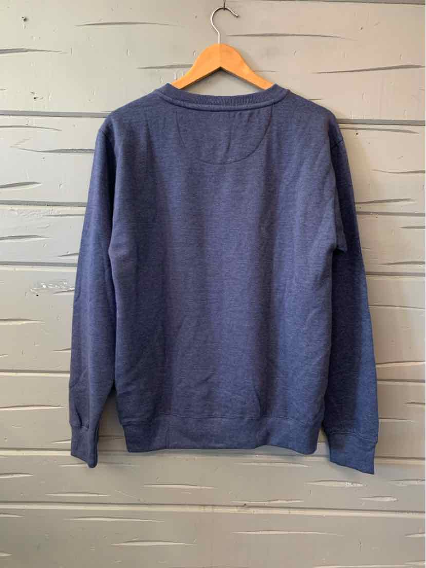 Navy blue long-sleeve crewneck sweatshirt with a plain back and ribbed cuffs and hem.