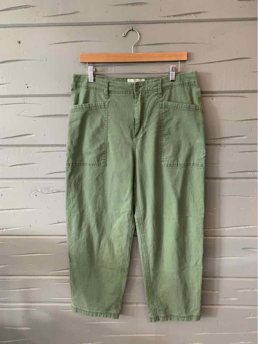 Olive green high-waist cropped pants with front pockets and belt loops, size 8.