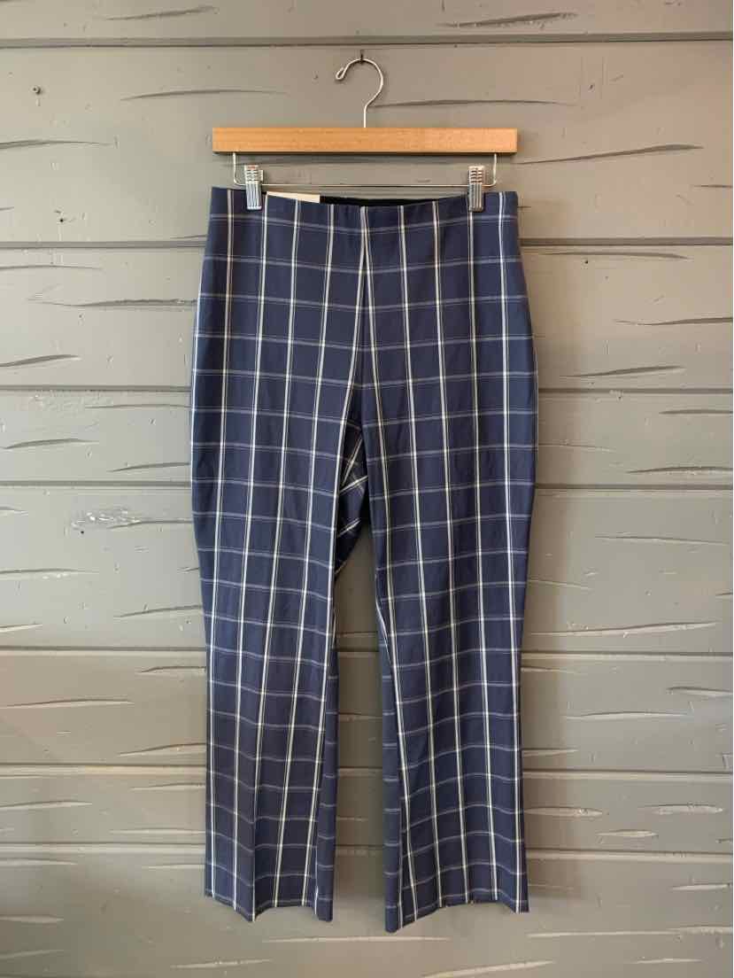 Navy blue plaid pants with white grid lines, straight leg cut, mid-rise waistband.