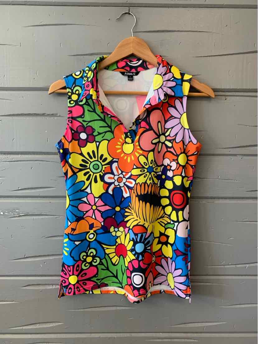 Sleeveless floral golf polo with vibrant multicolor flowers and a zip collar in size small.