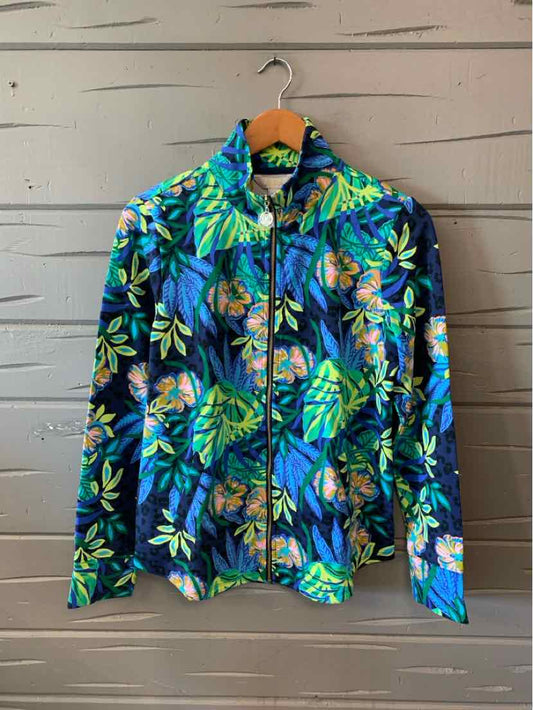 Women's long-sleeve zip-up jacket with tropical blue, green, and yellow floral print and a collar.