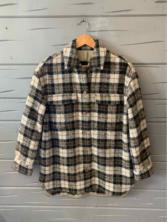 Women's XS plaid button-up shirt in beige, black, and white with long sleeves and chest pocket.