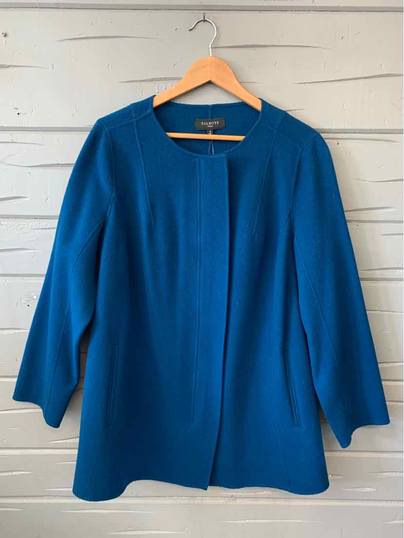 Blue long-sleeve open-front Talbots blazer jacket in size 1X on wooden hanger.