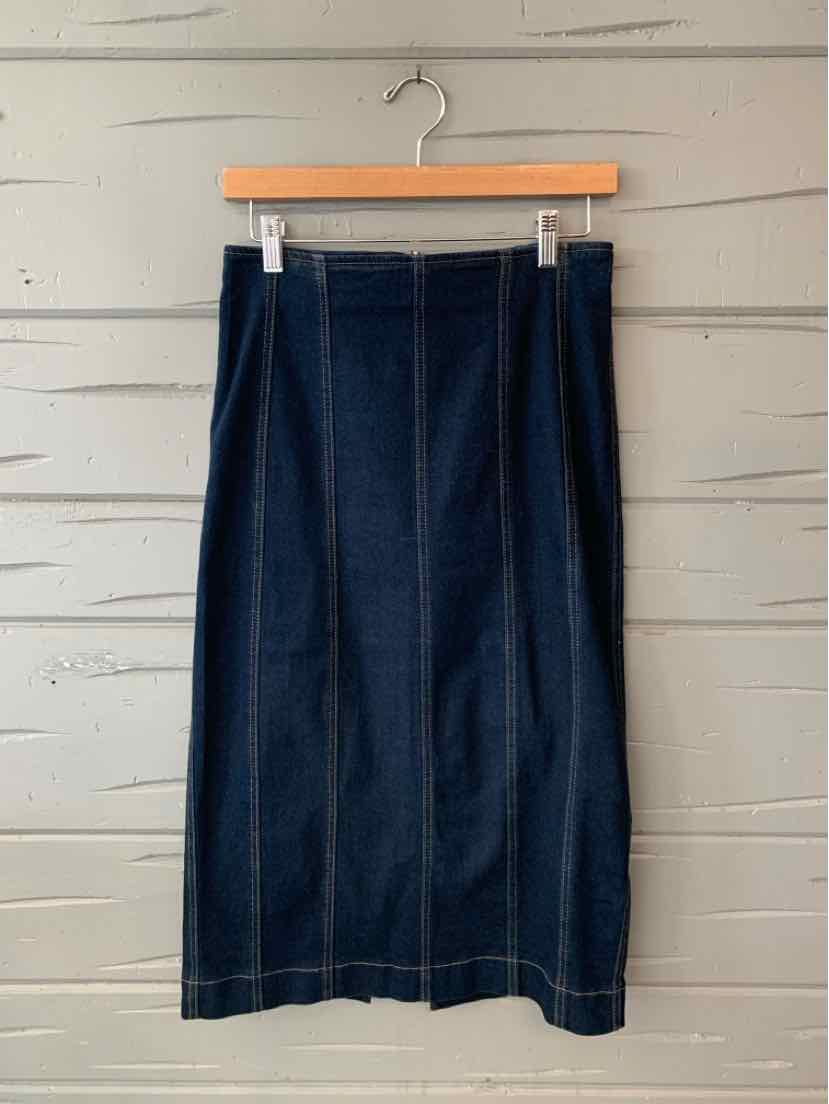 Dark navy denim midi skirt with a straight silhouette, front seams, and waistband belt loops.