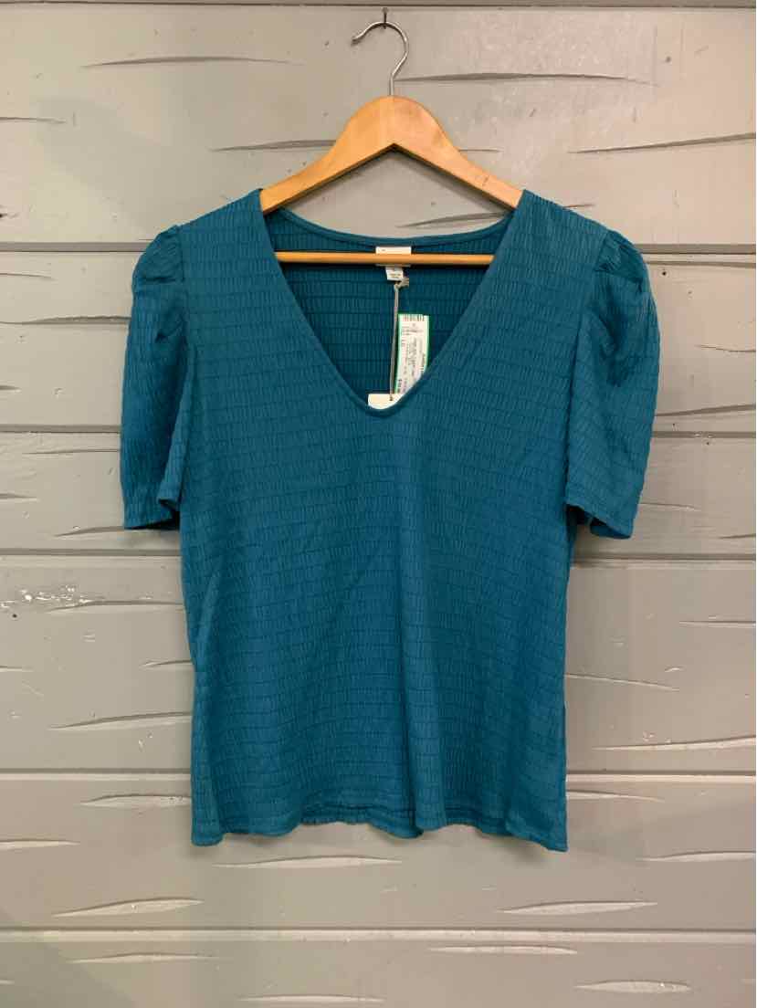 Teal short-sleeve knit top with V-neck and subtle texture, hanging on wooden hanger.
