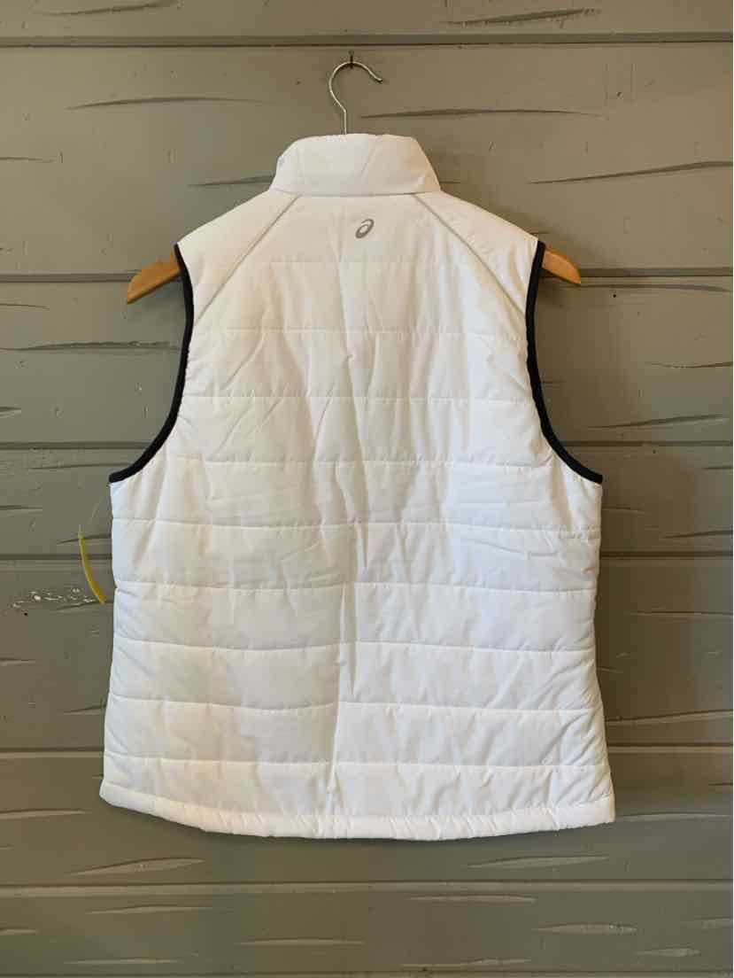 White quilted sleeveless vest with a high collar and subtle logo on the upper back.