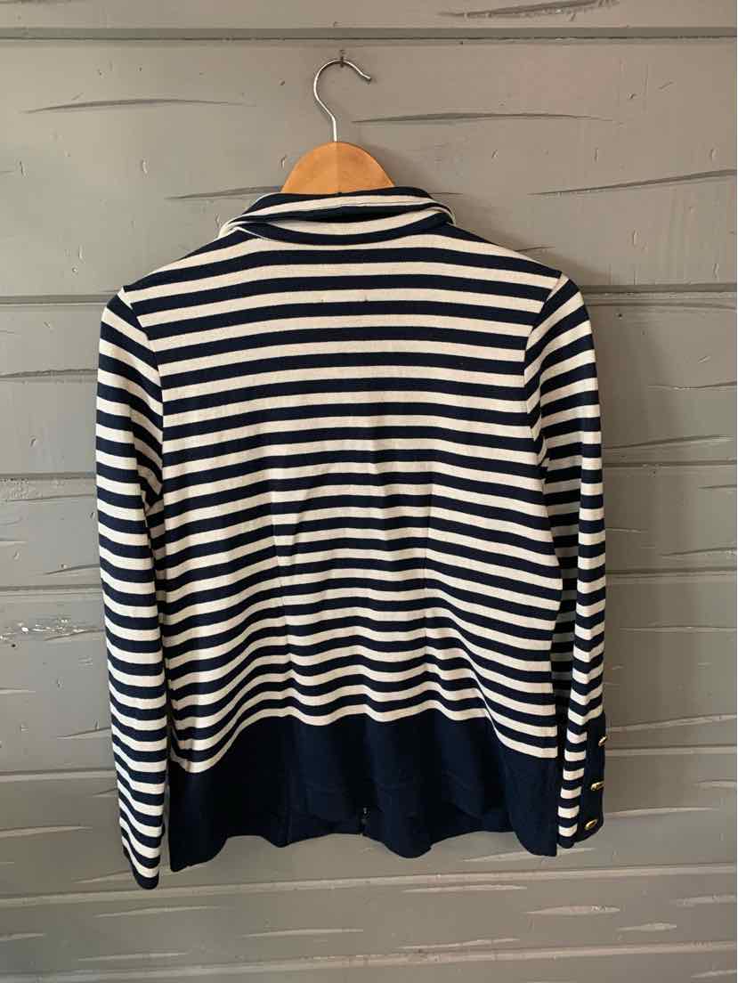Navy and white striped long-sleeve sweater with solid navy hem and collar.