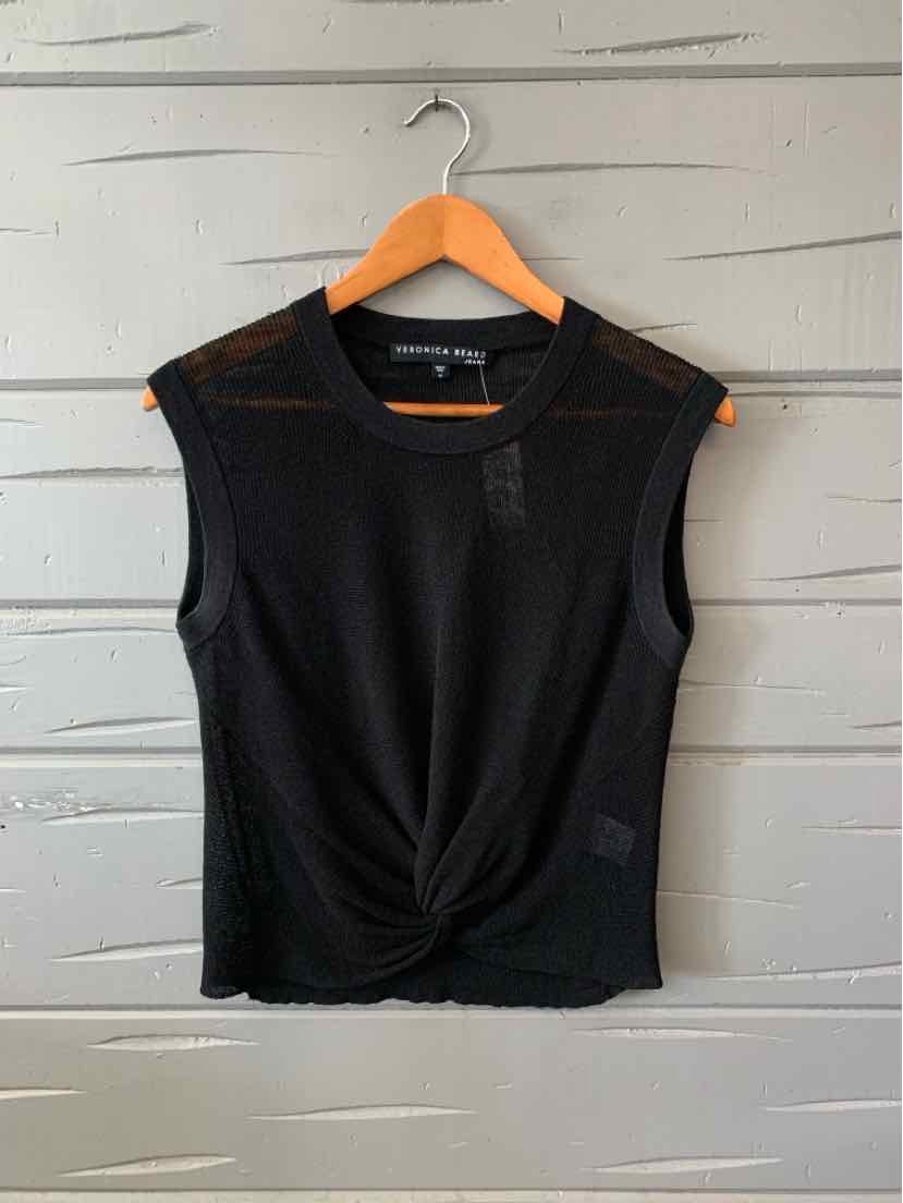Black sleeveless crew neck top with subtle textured knit and twisted front detail in medium size.