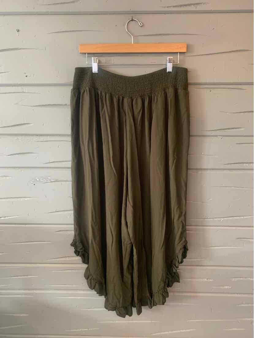 Olive green loose-fit wide-leg pants with elastic waistband and ruffled hems.
