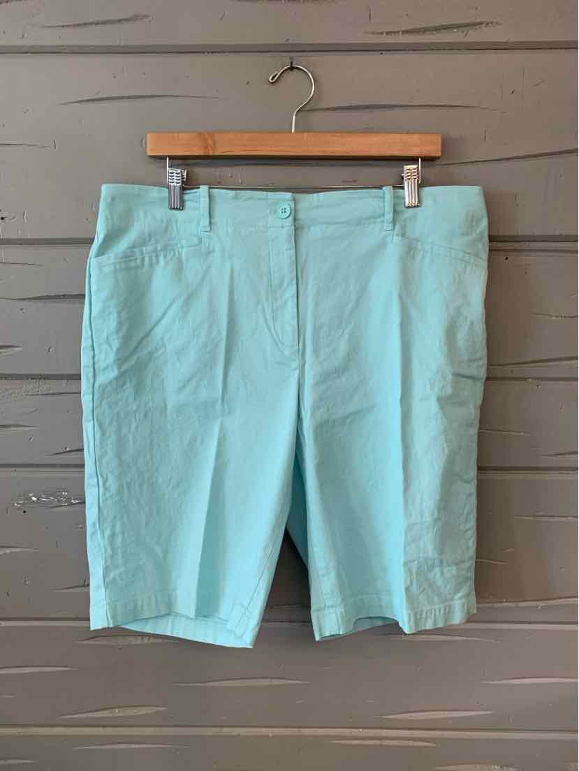 Aqua solid knee-length shorts with front button and zipper closure on wooden hanger.