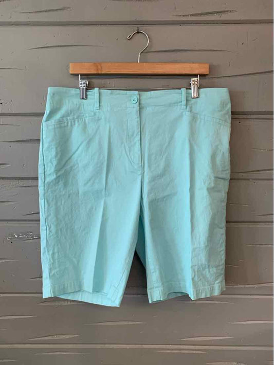 Aqua solid knee-length shorts with front button and zipper closure on wooden hanger.