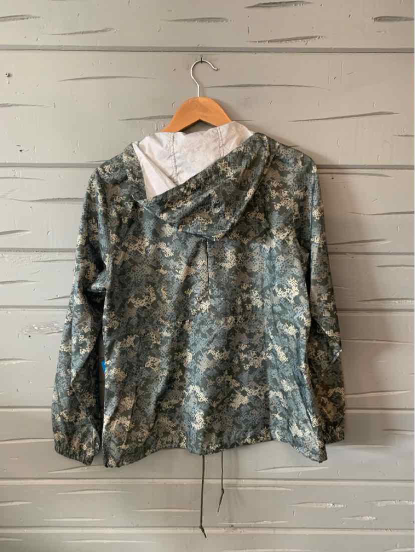 Camouflage patterned jacket with hood, lightweight fabric, adjustable drawstring hem, medium size, back view.