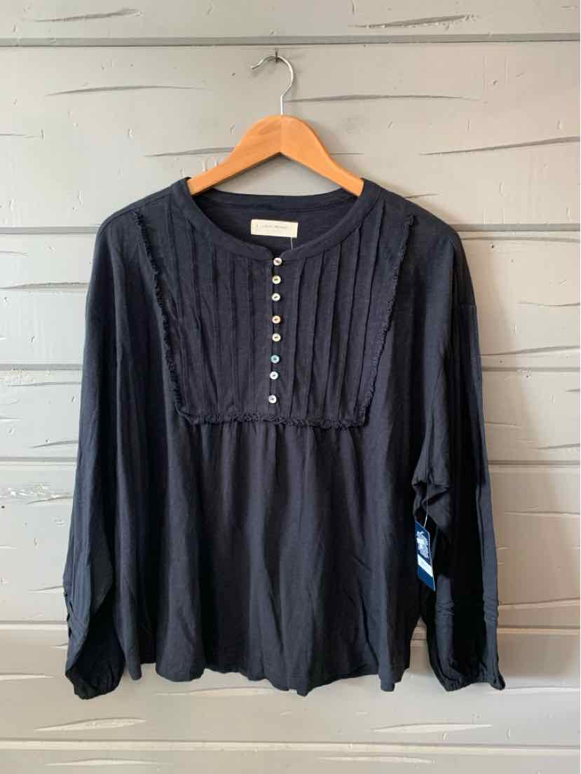 Black long-sleeve Lucky Brand top with buttoned front placket and textured knit panel.