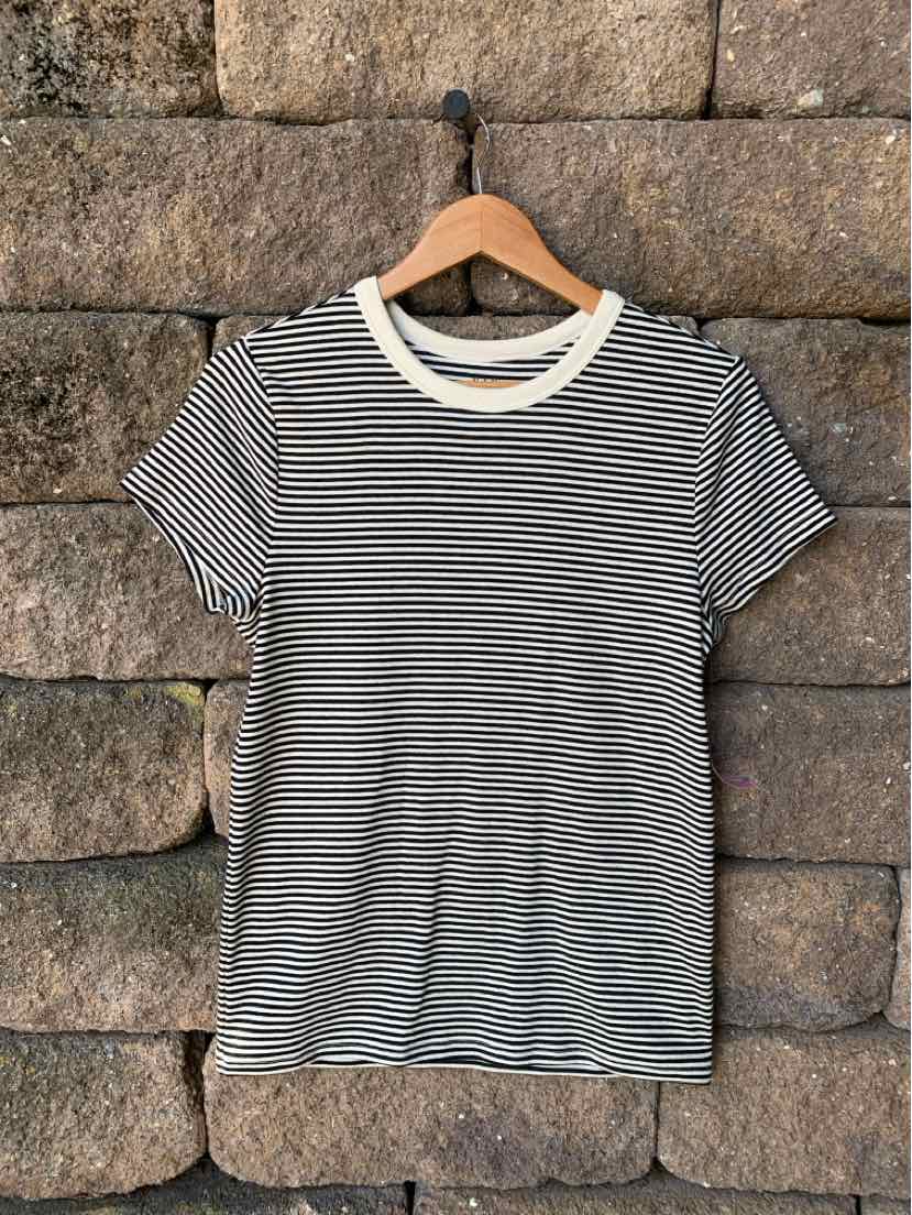 Black and white horizontal striped short-sleeve t-shirt with white crew neck collar.