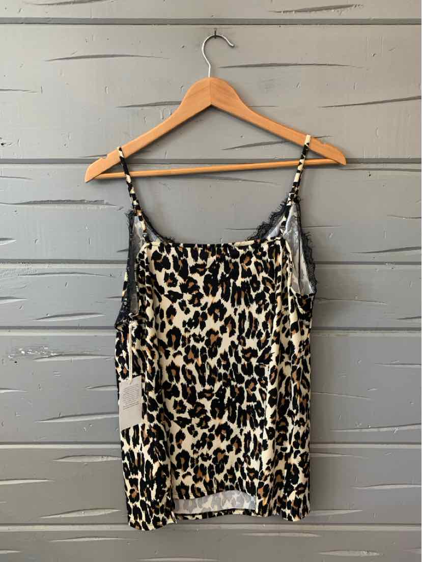 Black and beige leopard print lace-trimmed camisole with adjustable straps, size large.