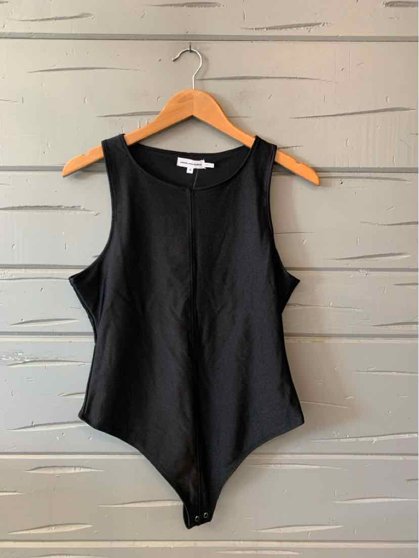 Black sleeveless bodysuit with round neckline, smooth fabric, and snap closure at the bottom, size XL.