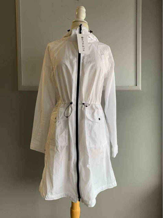 Lightweight white long jacket with adjustable drawstring waist and front zipper on dress form.
