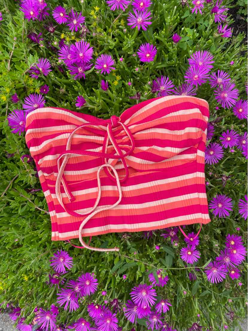 Pink and red striped strapless crop top with front lace-up detail, laid on purple flowers.