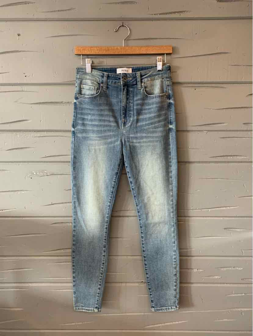 Light blue slim-fit denim jeans with faded wash and whiskering details, size 27.