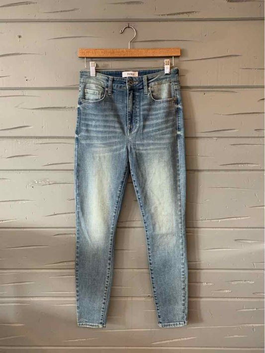 Light blue slim-fit denim jeans with faded wash and whiskering details, size 27.