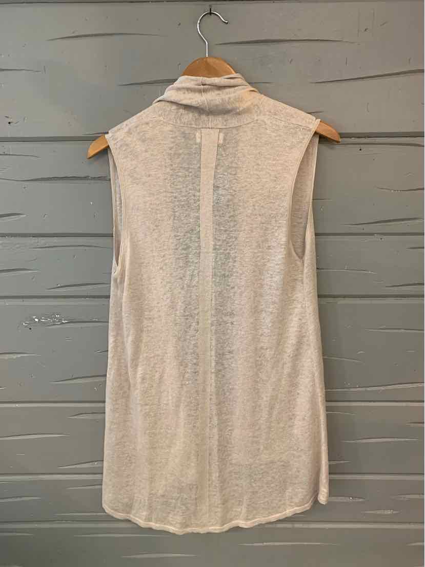 Sleeveless beige knit top with high neckline and vertical seam down the back, size small.