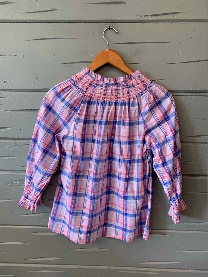 Pink and blue plaid blouse with gathered neckline and three-quarter puff sleeves, size XS.
