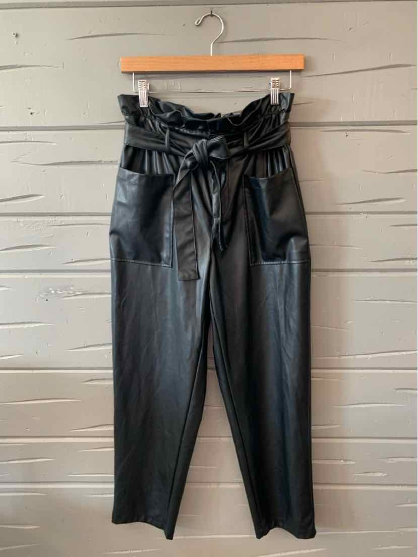 High-waist black faux leather pants with paperbag waist and tied belt, size 4.