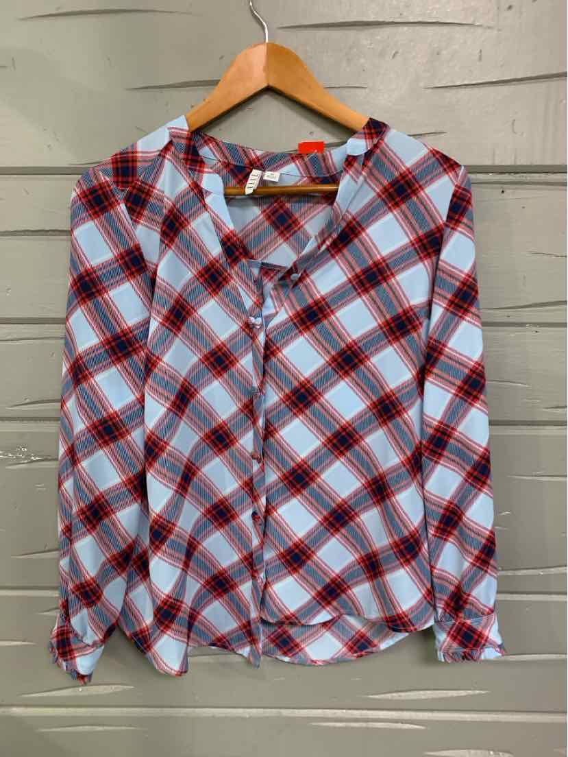 Blue and red plaid button-up shirt with long sleeves, size XS, hanging on wooden hanger.