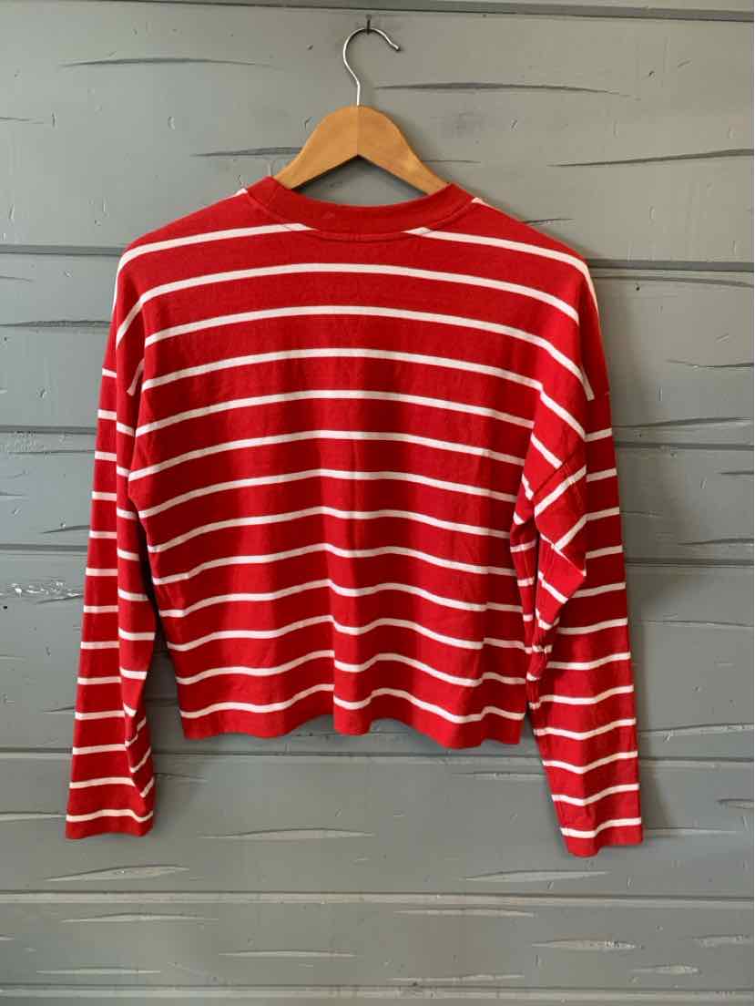 Red long-sleeve knit top with white horizontal stripes and a crew neckline, size XS.